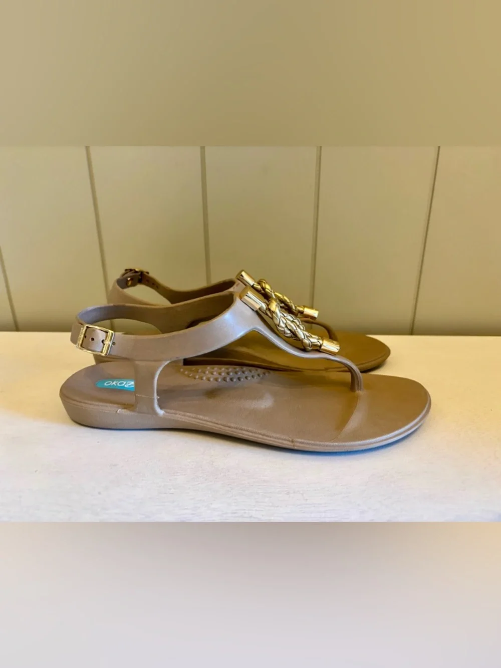 OKA B. Neptune T-strap Metallic Beige Nautical Sandal Waterproof Sz 8 Women’s - Picture 6 of 10